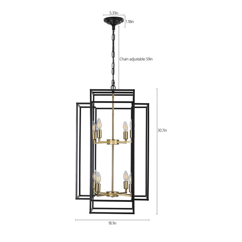8-Lights Black & Gold Lantern Tiered Pendant Light Fixtures, Industrial Farmhouse Hanging Chandelier (No Bulbs)