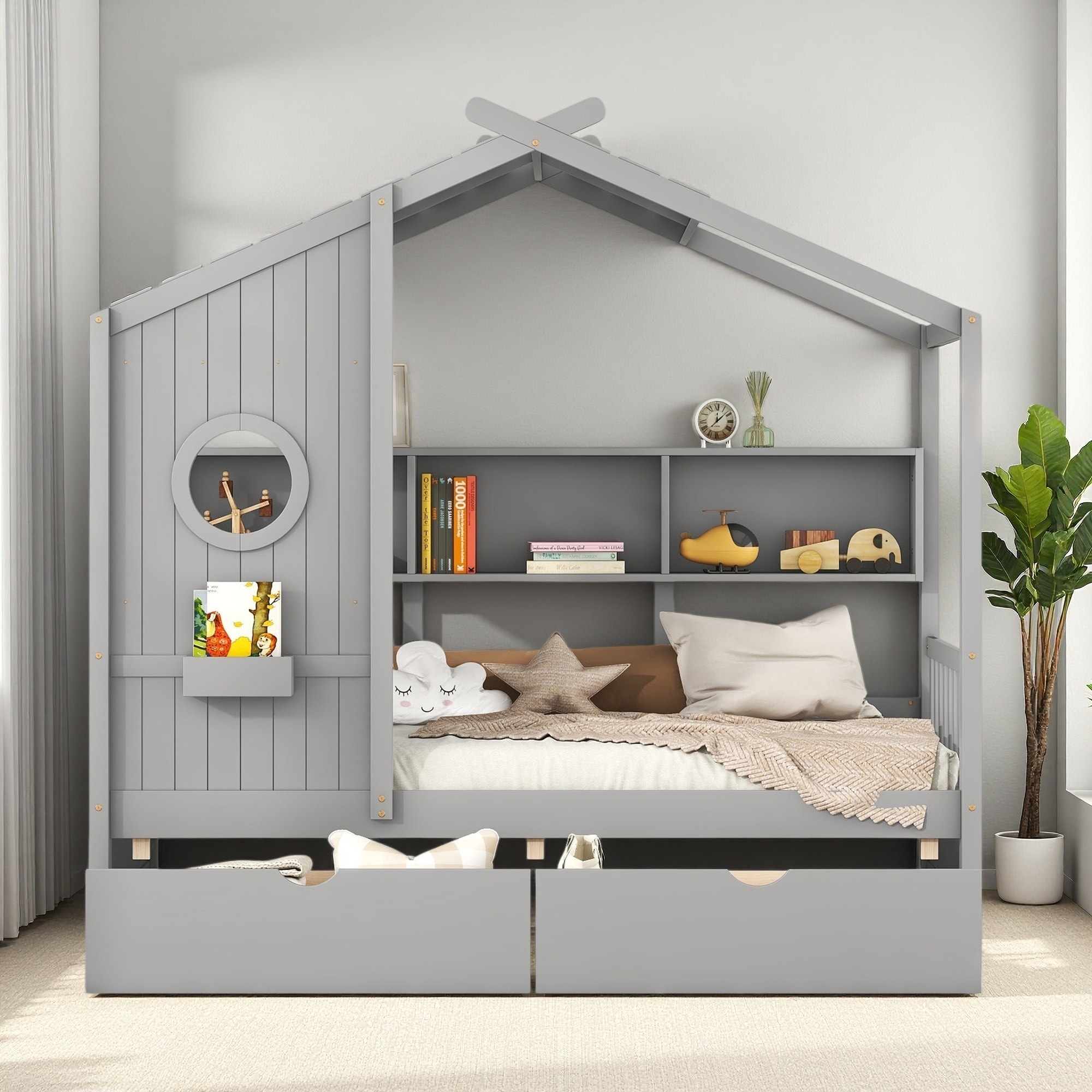 Wooden House Storage Bed with 2 Drawers, and Storage Shelf