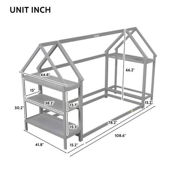 Functional Twin Floor Bed with House Roof Frame, Storage Stands, Clothes Hangers