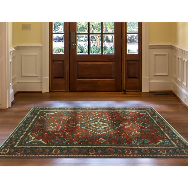 Fine Vintage Distressed Gaudy Rust/Navy Rug - 4'1" x 6'1"