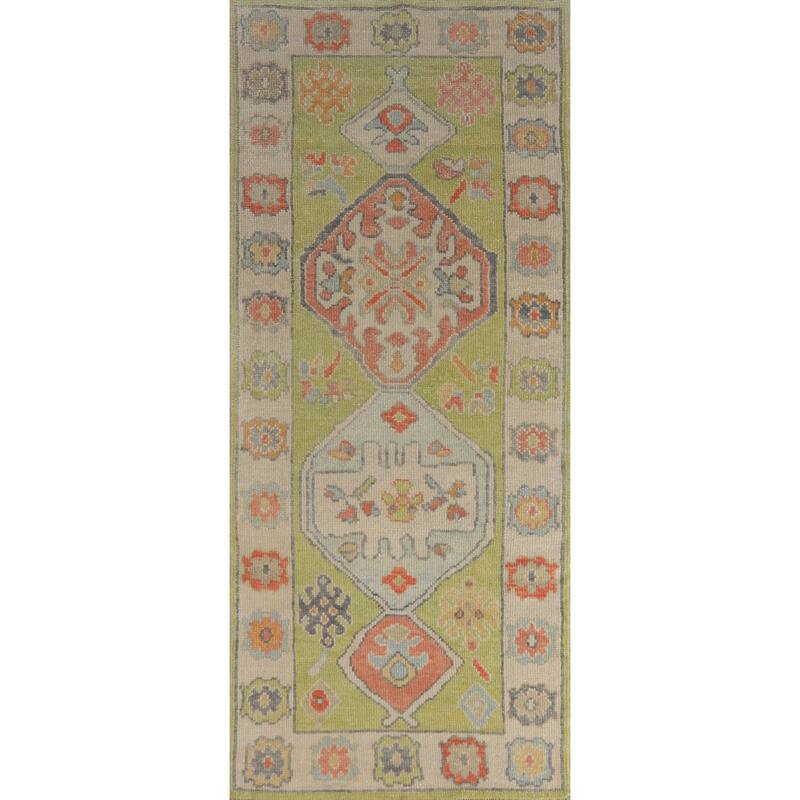 Hand Knotted Oriental 100% Wool Carpet Transitional Geometric Green Oushak Runner Rug - 8' 3'' X 3' 1''