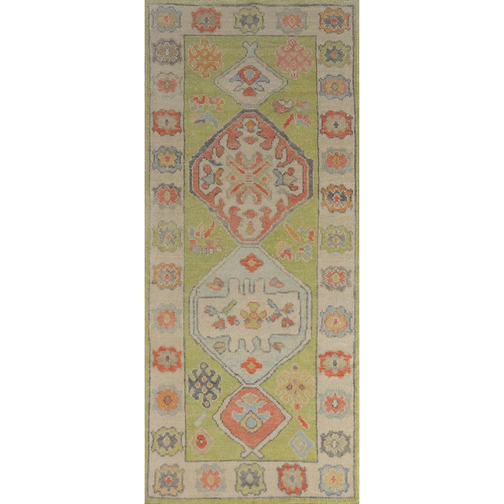 Hand Knotted Oriental 100% Wool Carpet Transitional Geometric Green Oushak Runner Rug - 8' 3'' X 3' 1''