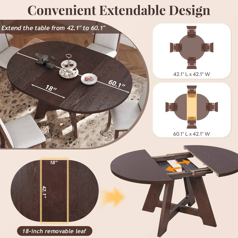 Farmhouse 5-Piece Extendable Round Dining Table Set with Removable Leaf and Four Upholstered Chairs for Small Spaces