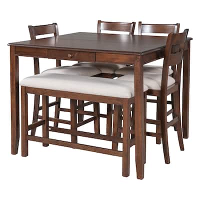 6-Piece Oriental Dining Table Set with Chair & Bench, Counter Height Square Dinette Set with Drawer for Dining Room Restaurant
