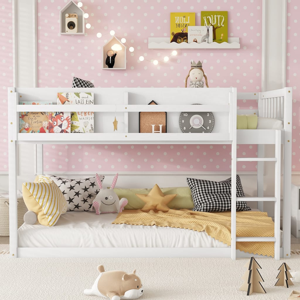 Twin over Twin Low Bunk Bed, Solid Wood Twin Size Floor Bunk Bed Frame, 2-in-1 Loft and Bunk Bed for Kids and Juniors