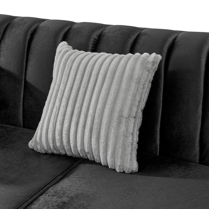 69 Inches Black Velvet Loveseat with Gold Stainless Steel Trims and Embroidered Texture