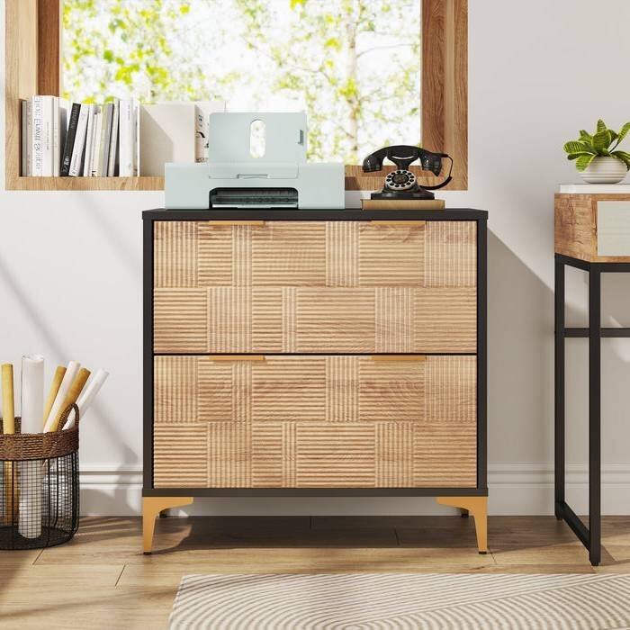 Natural Black Wood Metal Lateral File Cabinet with Drawers and Gold Legs