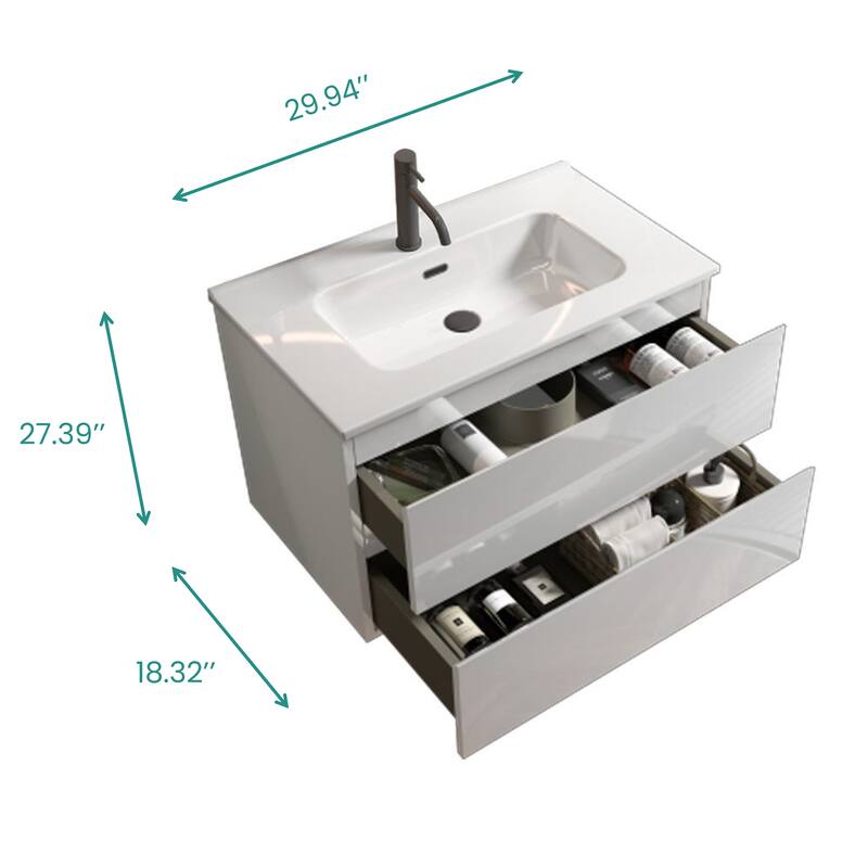 GDFStudio - Tia Wall-Mounted Bathroom Vanity with Ceramic Sink, Soft Close Drawers & U-Shaped Drainage