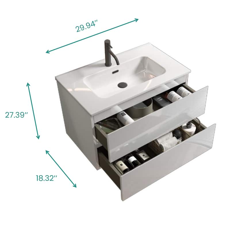 Wall Mount Glossy Bathroom Vanity with Ceramic Sink with Single Hole