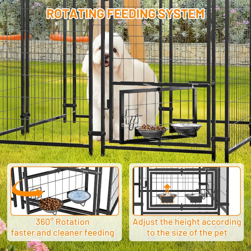 GDFStudio - Large Outdoor Heavy Duty Metal Dog Kennel with Roof, UV-Resistant Waterproof Cover, Double Lock & Rotating Feeder