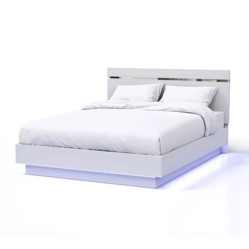 Pero Queen Size Bed, Chrome Accent Headboard, White LED Footboard