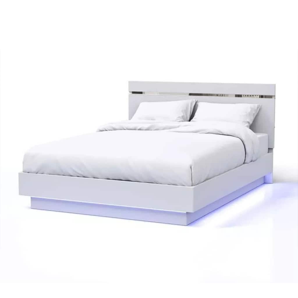 Pero Queen Size Bed, Chrome Accent Headboard, White LED Footboard