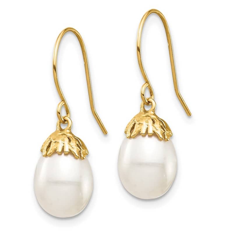 Curata 14k Yellow Gold 7-8mm White Rice Freshwater Cultured Pearl Dangle Earrings (23.19mm)