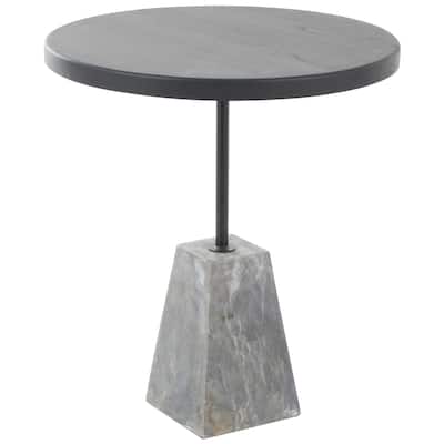 Wood Geometric Side End Accent Table with Gray Marble Pyramid Base - Black - Roche River Decor