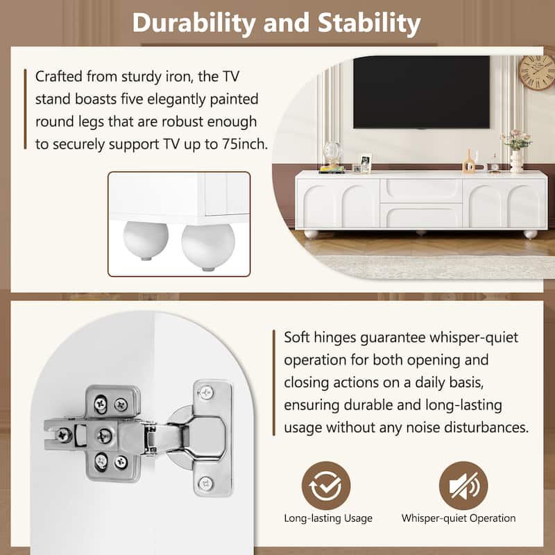 Cream Style TV Stand with Arched Doors and 2 Drawers, for TVs Up to 75" - 69.6" W × 15.7" D × 17.7" H
