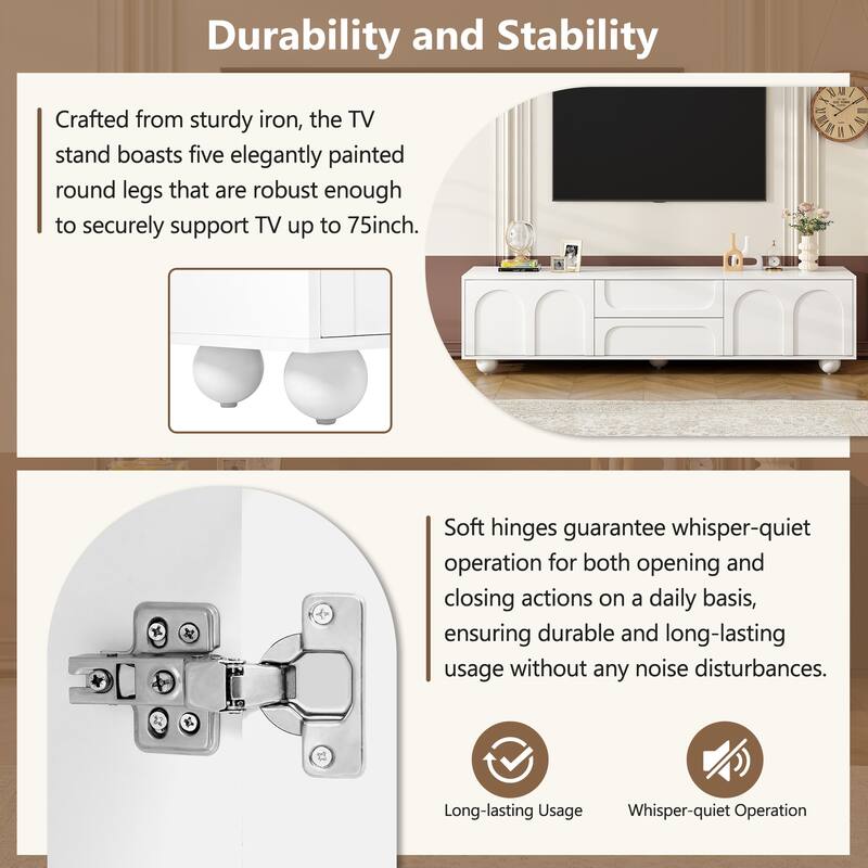 Modern TV Stand Arched TV Stand for TVs up to 75 Inches with 2 Drawers and Rebound Device, for Living Rooms and Bedrooms