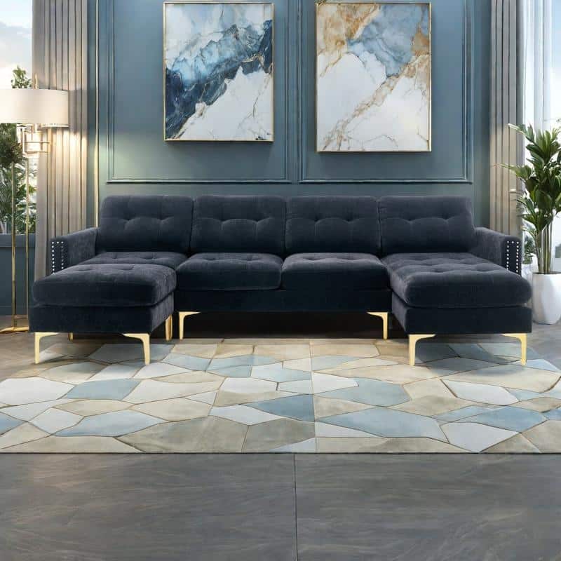 110.6" Velvet L-Shaped Sectional Sofa with Movable Ottoman and Storage Pockets