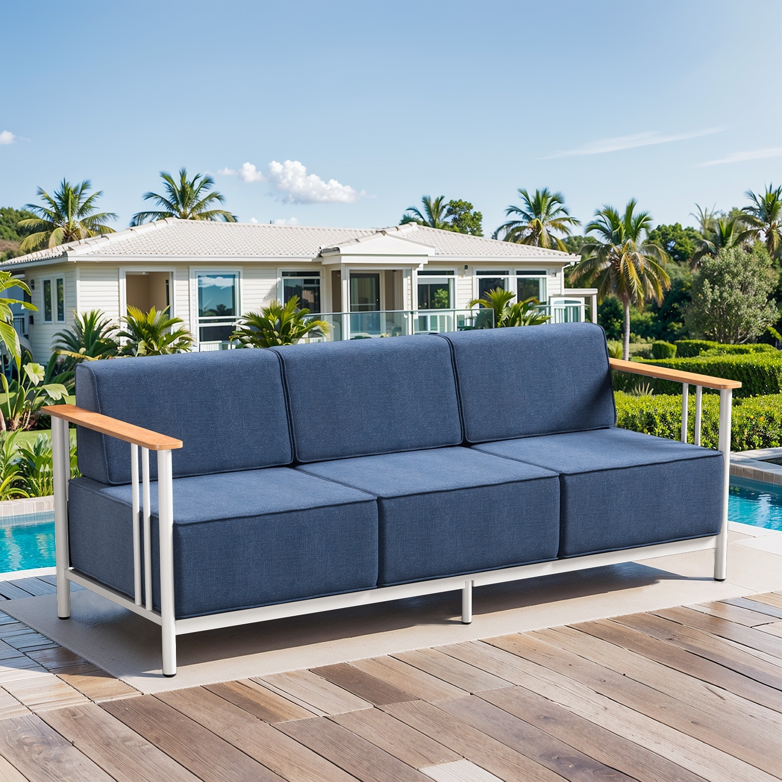 Pocassy 3-Seat Sofa with 10 Inch Blue Cushion
