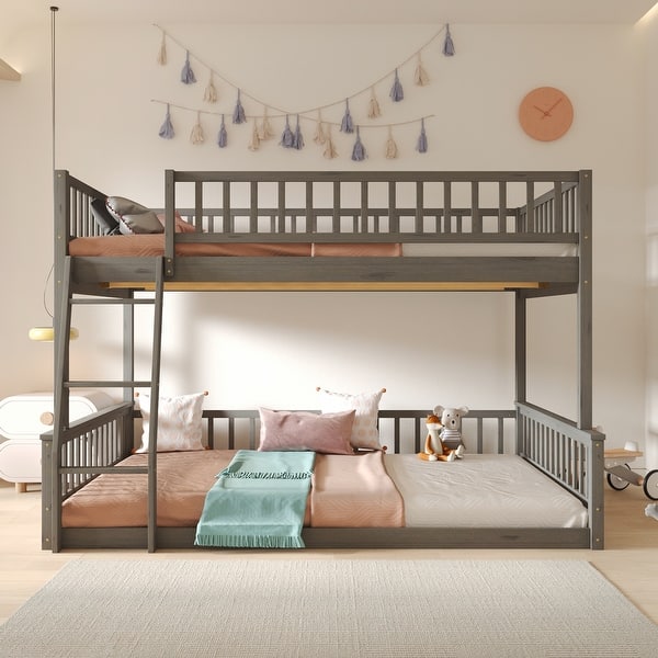 slide 2 of 17, Solid Pine Wood Full XL Over Queen Bunk Bed with Ladder & Guardrails Gray - Queen