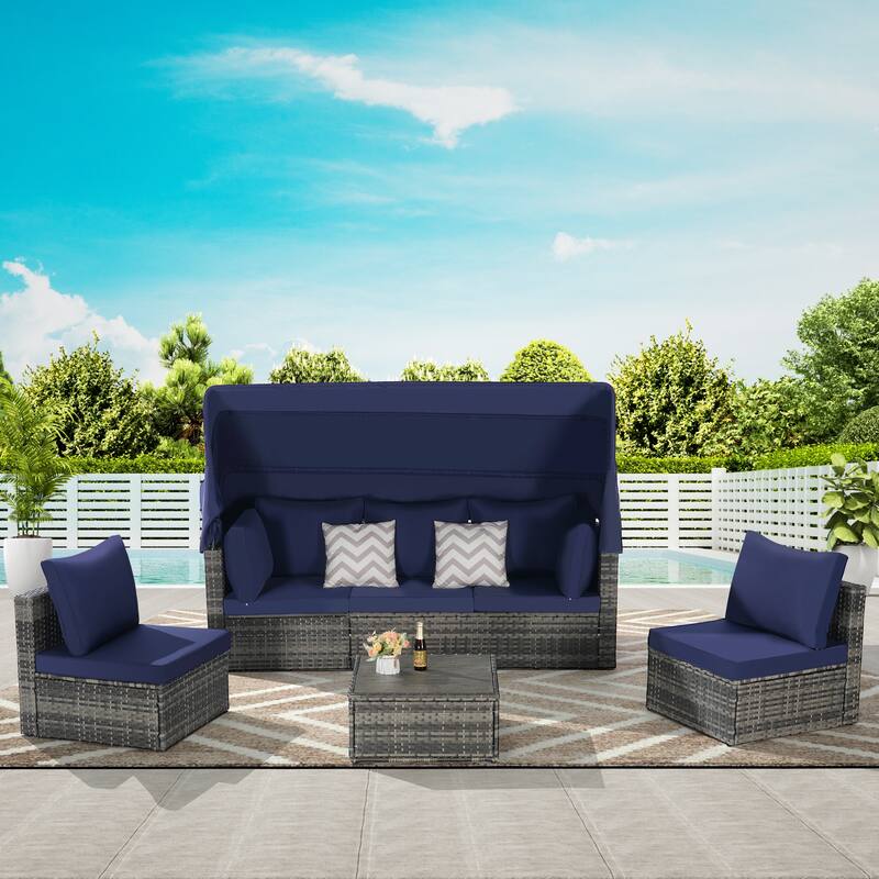 3-seat Sofa with Retractable Canopy, 2 Single Armless Chairs and Side Table - 5 Pieces Furniture Set Convertible Modular Daybed - Dark Blue