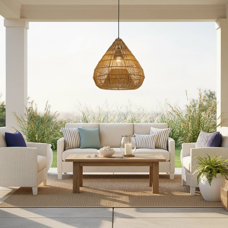 Serina 1-Light Wicker Outdoor Pendant Light, Coastal Boho Dome - Handwoven