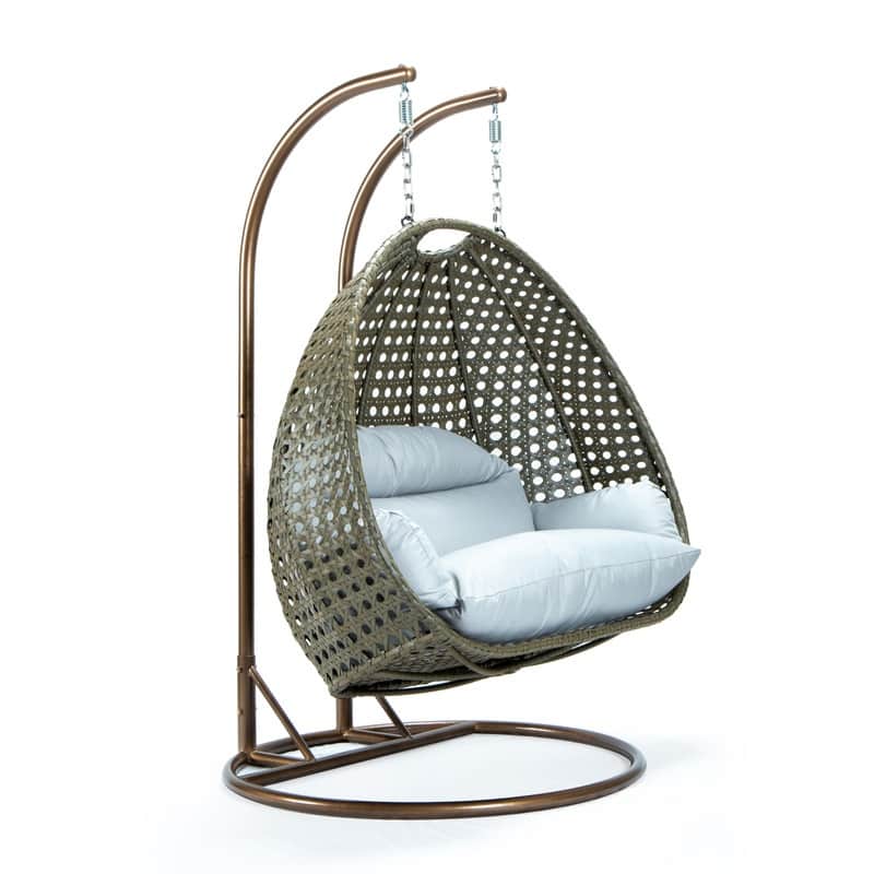 LeisureMod Modern 2-Person Egg Hanging Swing Chair with Beige Wicker, Oxford Fabric Cover, Patio Hammock Lounger and Cushions