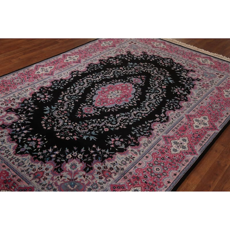 Black & Pink Tabriz Chinese Rug Hand-Knotted Wool Carpet - 6'0"x 9'0"