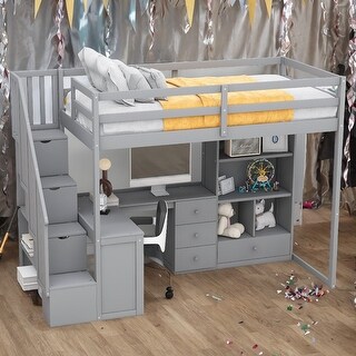 Kids Bed Loft Bed with Cabinet and Staircase L-Shaped Desk and Drawers, White
