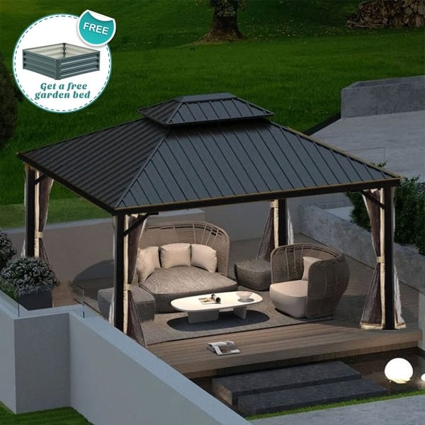 Zenova 12 Ft x 10 Ft Steel Hardtop Patio Gazebo With Mosquito Net Bed