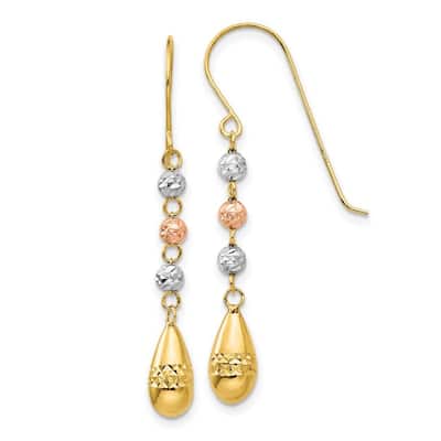 Curata 14k Tri Color Gold 39x5mm Faceted Puff Teardrop and Bead Dangle Earrings