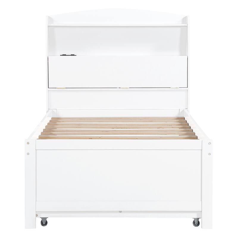 Roomfitters Twin Platform Bed with Trundle, LED Headboard Storage, USB Ports and Under-Bed Bins, No Box Spring, White