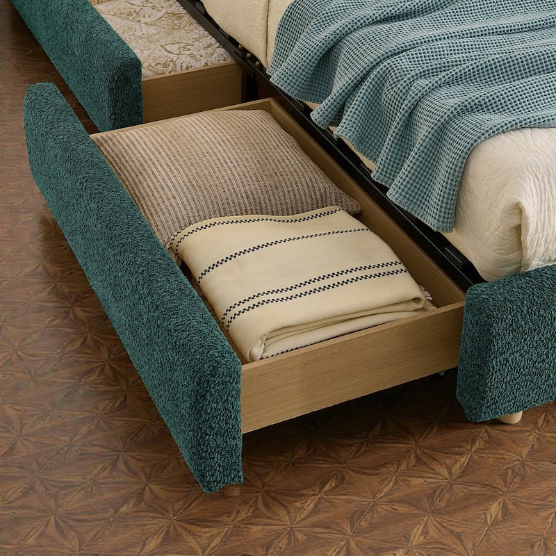 Upholstered Bed Frame with Tall Curved Headboard and Storage Drawers, Modern Minimalist Platform Bed No Box Spring