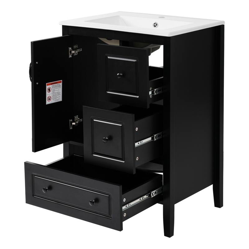 24 inch Bathroom Vanity with Sink, One Cabinet with Soft-closing Door, 3 Soft-closing Drawers, Retro Metal Handles