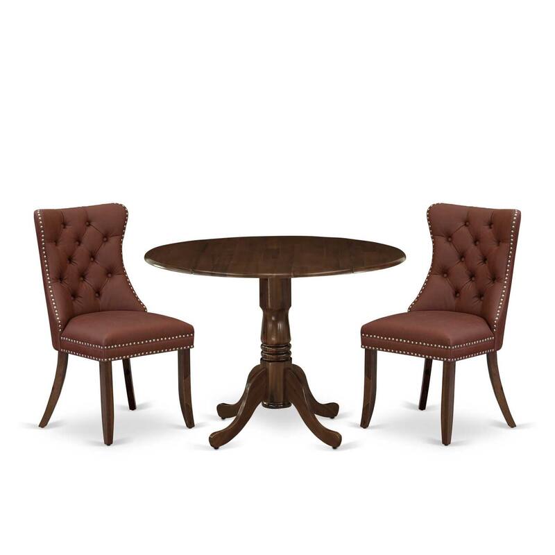 3-Piece Antique Walnut Finish Solid Wood Top-Round Upholstered Dining Room Set -Seats 4