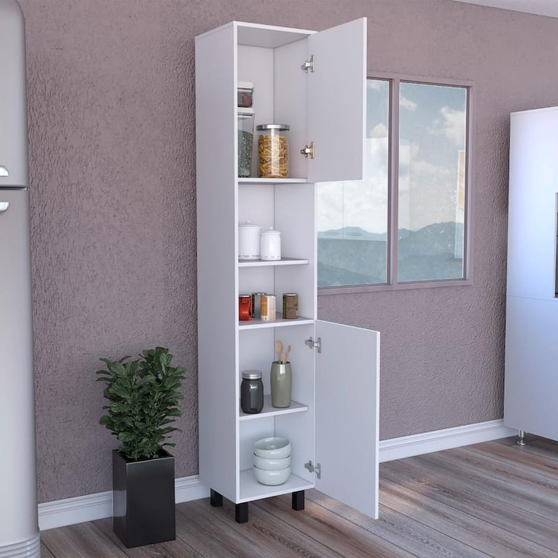Kitchen Pantry 79" H, Two Open Storage Shelves, Three Internal Shelves, Two Doors, Four Legs, White