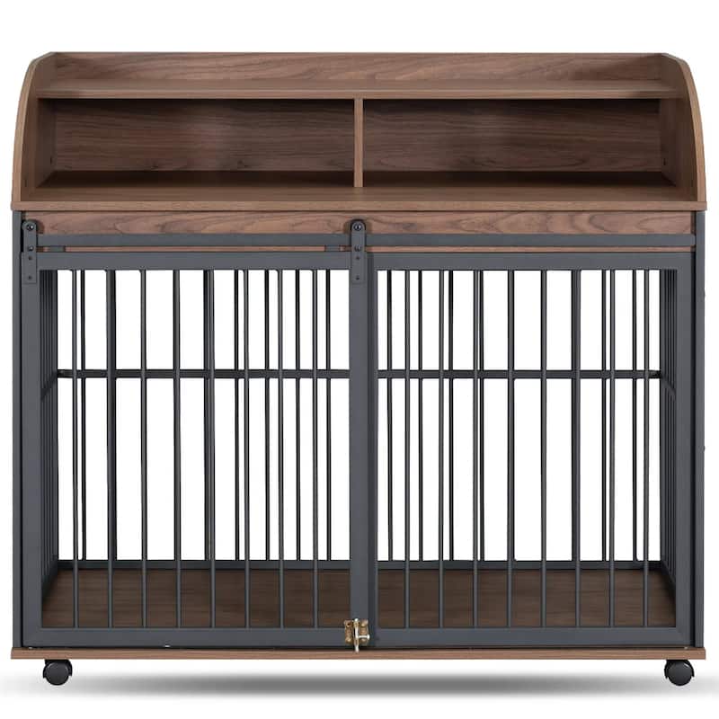 44" Wooden Large Dog Crate Furniture with Wheels and Double Storage