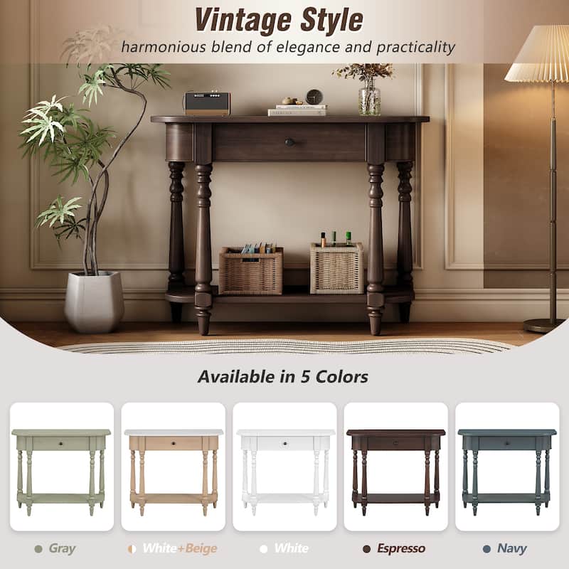 Narrow Console Table, Curved Corner Sofa Table with Full-Width Drawers and Open Storage Shelf, Retro Entryway Table Espresso