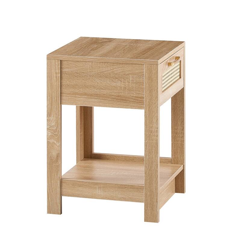 Mid-Century End Table with Storage Drawer and Open Shelf Rattan Bedside Table Small Side Table