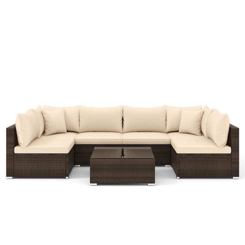 7 PCS Patio Rattan Furniture Set Outdoor Conversation Set w/ Cushions - Beige