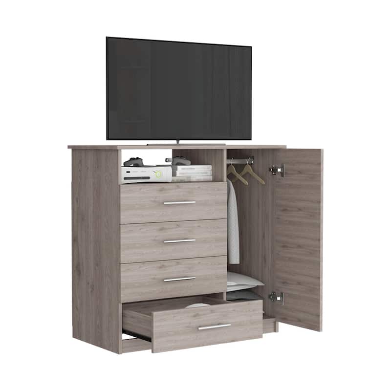 4 Drawer Dresser, Single Door Cabinet, One Open Shelf, Superior Top