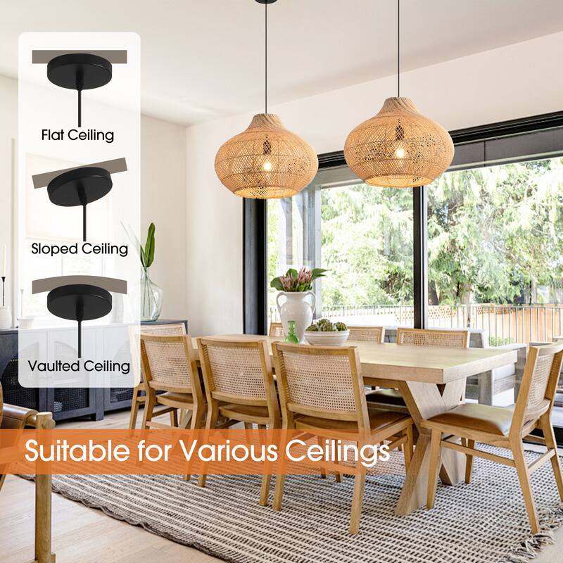 14" Coastal Natural Rattan Woven Round Pendant Light Chandelier