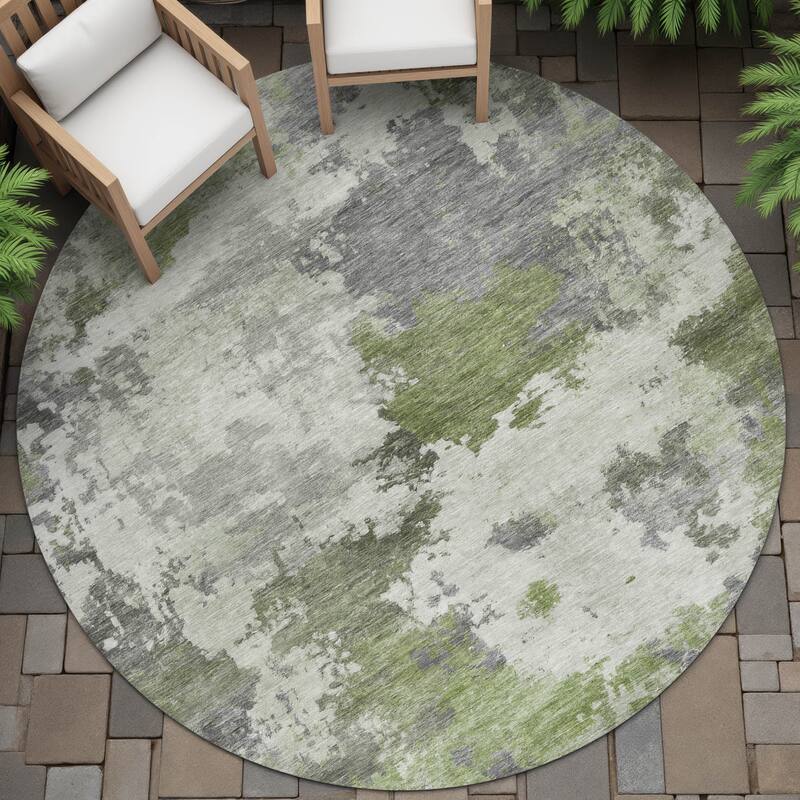 Machine Washable Indoor/Outdoor Abstract Blend Chantille Rug - Olive - 8' x 8'