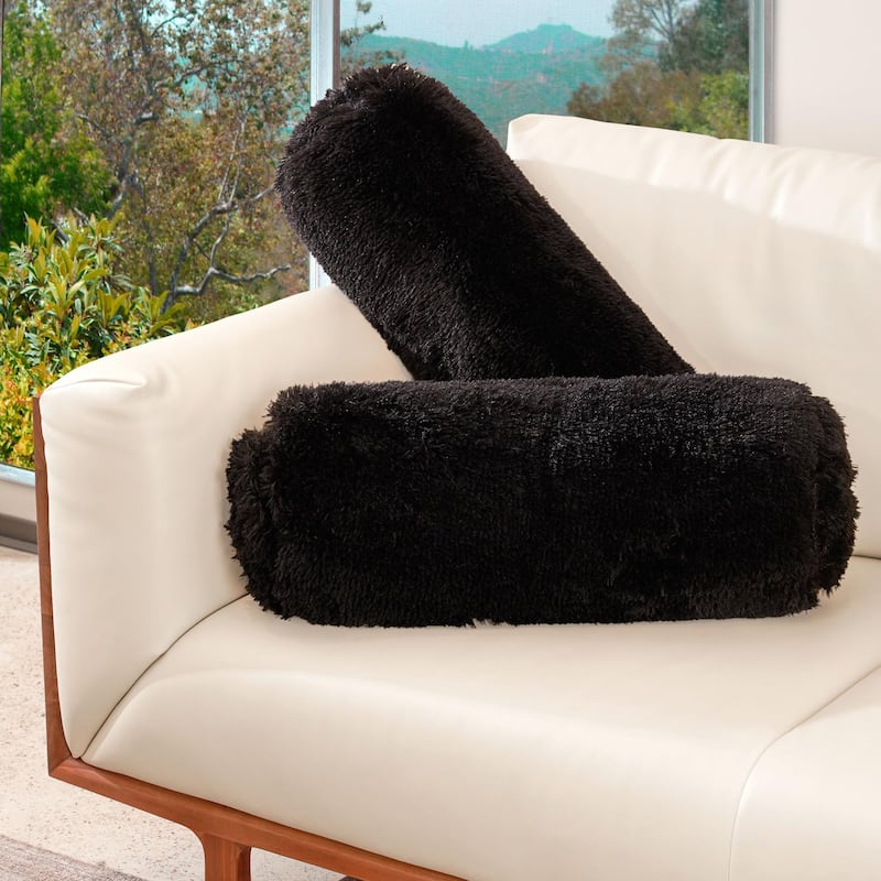 Cheer Collection 8" x 24" Set of 2 Shaggy Long Hair Bolster Pillows - Black