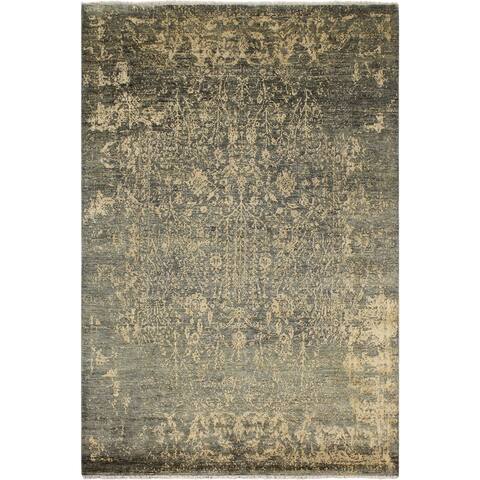 Shabby Chic White Green/Beige Wool&Silk Rug - 8'0'' x 10'4'' - 8 ft. 0 in. X 10 ft. 4 in.