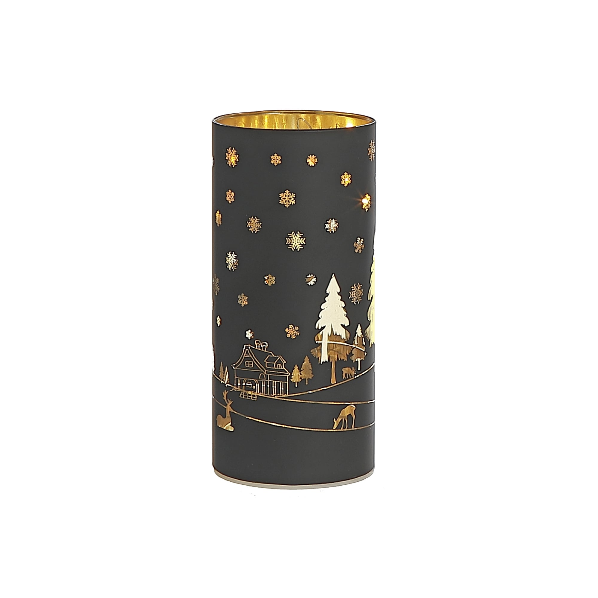 Led Cylinder Glass Stand Tree And Snowflake - Black