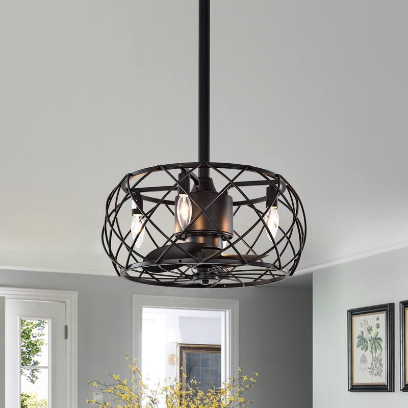 Matte Black 3-blade Ceiling Fan with Open Metal Frame (Includes Remote)