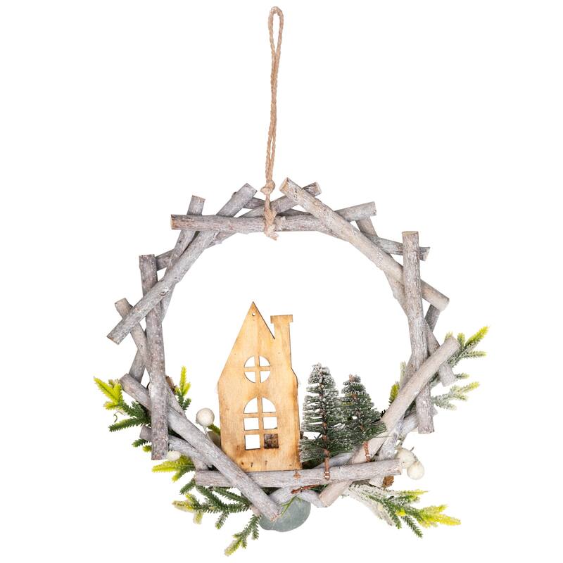 Flocked House and Pinecones Wood Branch Artificial Christmas Wreath - 12" - Unlit