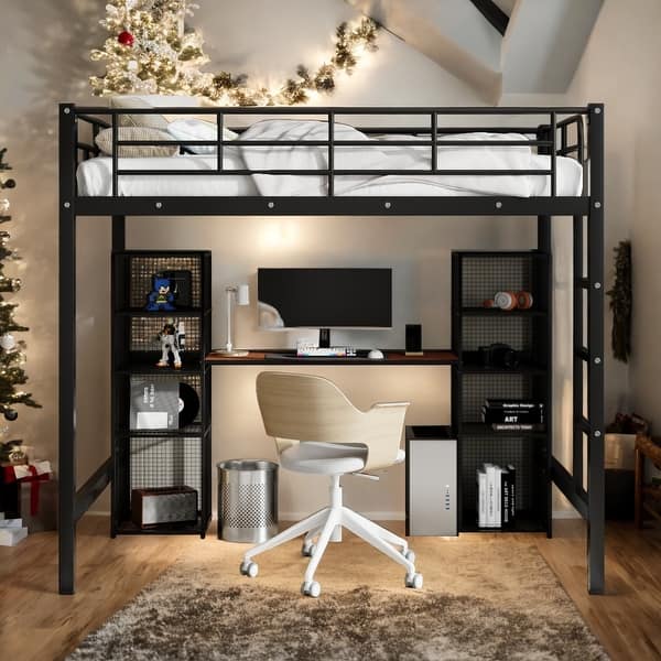 slide 2 of 9, Full Size Metal Loft Bed with Built-in Desk and Two 4-Tier Shelves and Safety Guaranteed For Bedroom Brown+Black