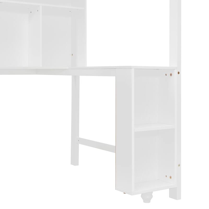 Twin Over Full Wooden Bunk Bed with Desk, Drawers, Shelves, and LED Light