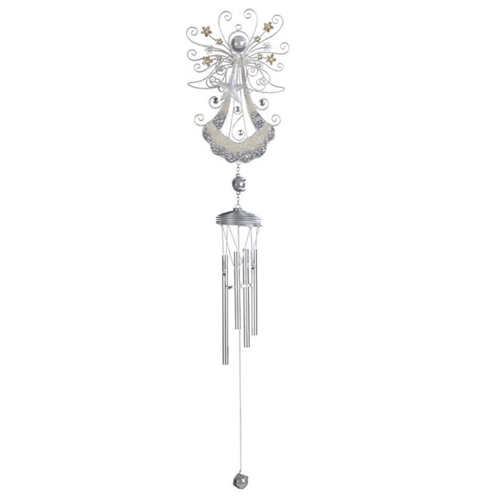 Lbk Furniture 32" Snow Angel Gem Wind Chime In Silver Indoor And Outdoor Hanging Decoration Garden Patio Porch